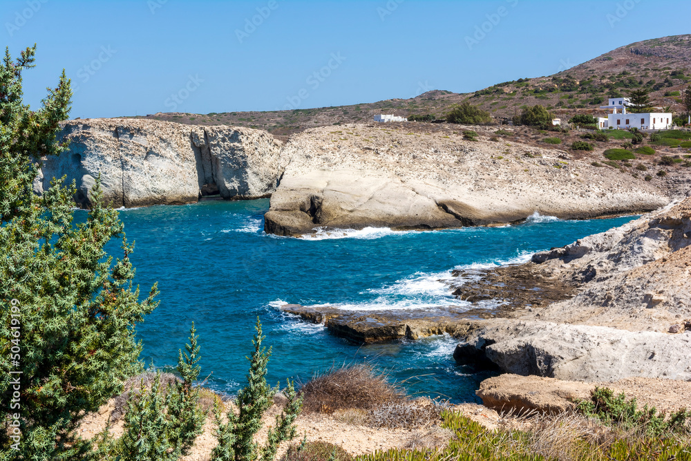 Milos island sea view with rocks and waves