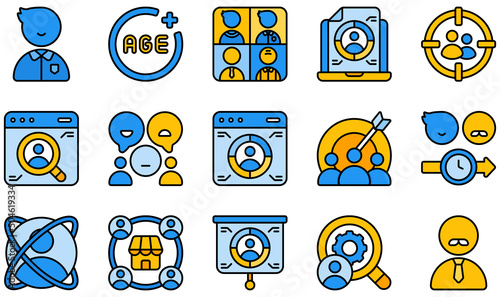 Set of Vector Icons Related to Market Research. Contains such Icons as Adult, Age, Age Group, Consumer Research, Customer Behavior, Focus Group and more.