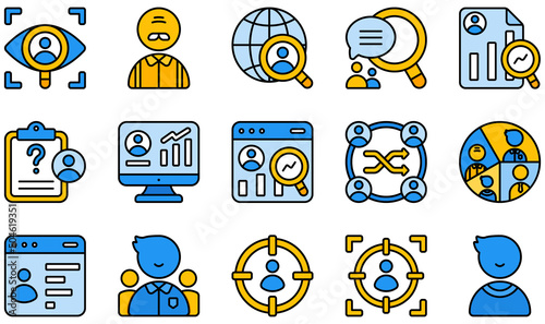 Set of Vector Icons Related to Market Research. Contains such Icons as Observation, Online Survey, Qualitative, Quantitative, Research, Segmentation and more.