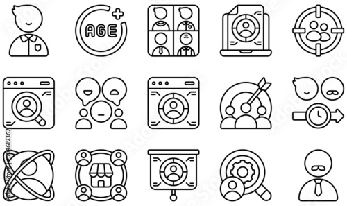 Set of Vector Icons Related to Market Research. Contains such Icons as Adult, Age, Age Group, Consumer Research, Customer Behavior, Focus Group and more.