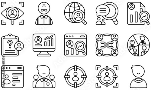 Set of Vector Icons Related to Market Research. Contains such Icons as Observation, Online Survey, Qualitative, Quantitative, Research, Segmentation and more.