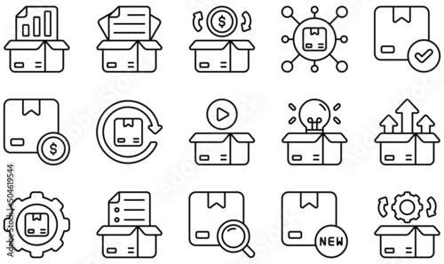 Set of Vector Icons Related to Product Management. Contains such Icons as Backlog, Cash Flow, Channel, Cost, Demonstration, Development and more.
