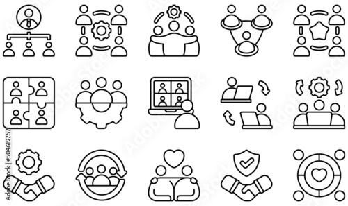 Set of Vector Icons Related to Teamwork. Contains such Icons as Structure, Team, Teamwork, Together, Trust, Unity and more.