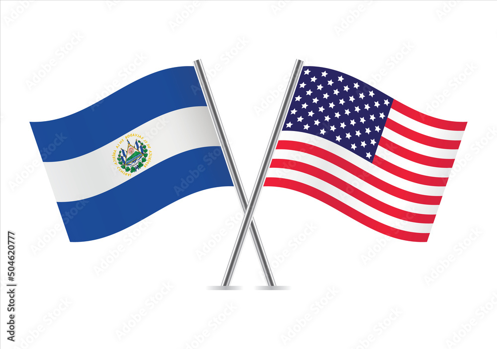 El Salvador and America crossed flags. Salvadoran and American flags on white background. Vector icon set. Vector illustration. El Salvador and America crossed flags. Salvadoran and American flags on white background. Vector icon set. Vector illustration.