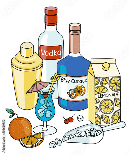 Stylish hand-drawn doodle cartoon style Blue Lagoon cocktail composition. A bottle of Vodka and Blue Curacao liquor, lemonade and bar shaker. Good for bar menu, cook book recipe, stickers or cards.