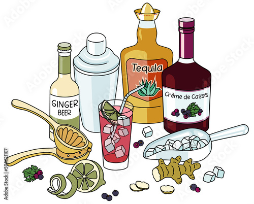 Stylish hand-drawn doodle cartoon style El Diablo cocktail composition. A bottle of golden tequila and Creme de Cassis, ginger beer and bar shaker. For bar menu, cook book recipe, stickers or cards