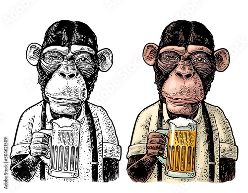 Monkey dressed apron hold beer glass. Vintage black engraving