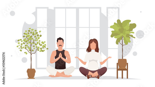 A man and a woman are doing yoga in the lotus position in the room. Meditation. Cartoon style.