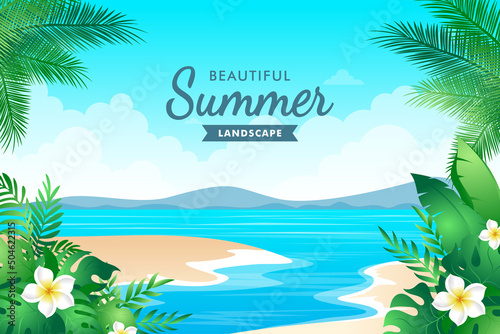 Quadro em tela Beautiful tropical sandy beach with leaves and flower
