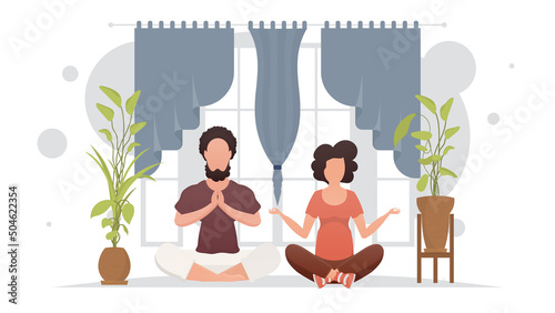 Man and woman doing yoga in the room. Meditation. Cartoon style.