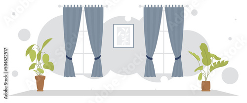 Wide living room with curtains and a window. Room design. Flat style.