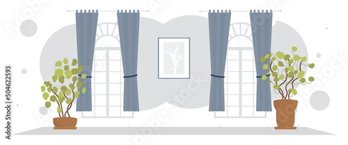 Wide living room with curtains and a window. Interior. Flat style.