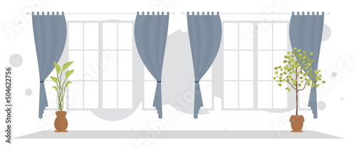 Wide room with indoor plant. Room design Cartoon style.