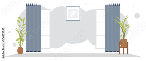 Wide room with a window. Room design Cartoon style.