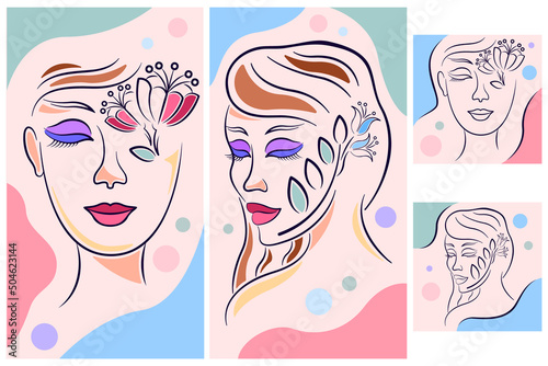 collection women faces art line postel colors for social media format