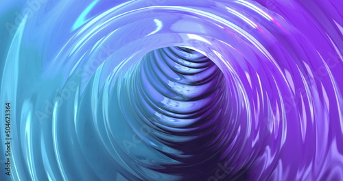 Abstract background with an animated hypnotic tunnel made of lilac-blue caramel, glass or plastic.