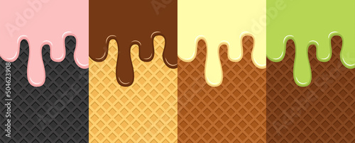 Set of waffles with flowing ice cream. Yellow, brown and black waffles. Pink, chocolate, vanilla, green ice cream. Flat vector illustration