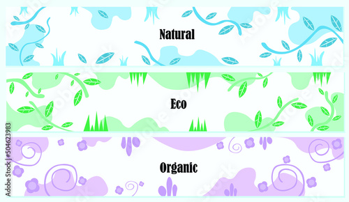 Organic natural eco signs or posters advertising natural products in the form of three horizontal channels