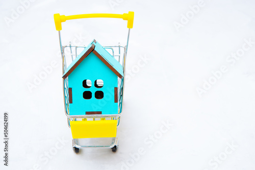 Tiny wooden house in a miniature push cart