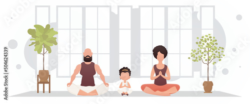Husband with wife and daughter are engaged in meditation in the room. Meditation. Cartoon style.