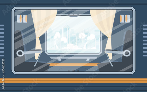 Windows of an empty commuter train. The train is shown outside. Cartoon style. Flat style.