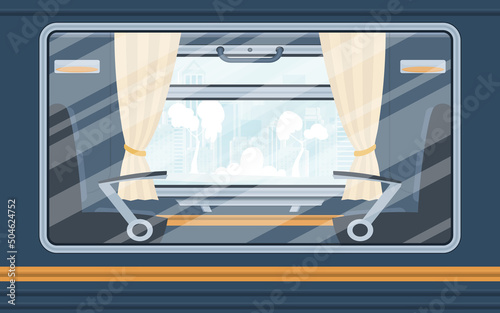 Windows of an empty commuter train. Rail transport is shown outside. Cartoon style. Flat style.
