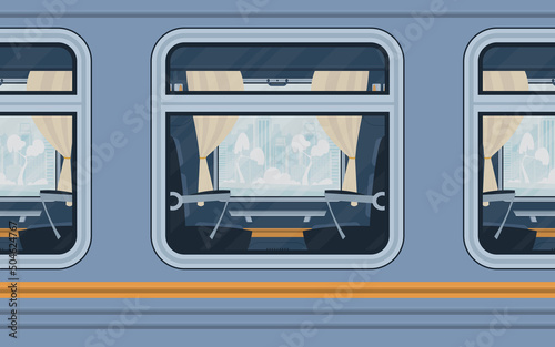 Windows of an empty commuter train. Rail transport is shown outside. Cartoon style. Flat style.