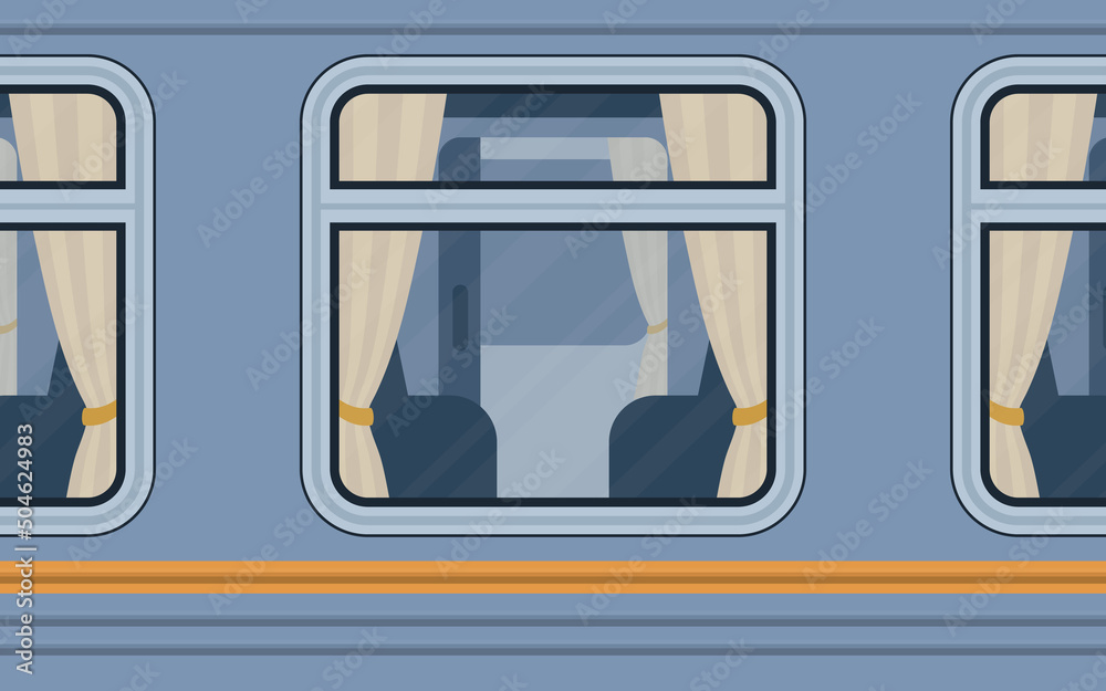 Train compartment windows. Rail transport outside. Cartoon style. Flat style.