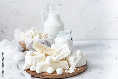 Fresh dairy products (milk, kefir, feta, cottage cheese, Mozzarella).Symbols of jewish holiday - Shavuot