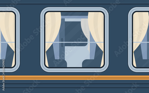 Train compartment windows. Rail transport outside. Cartoon style. Flat style.