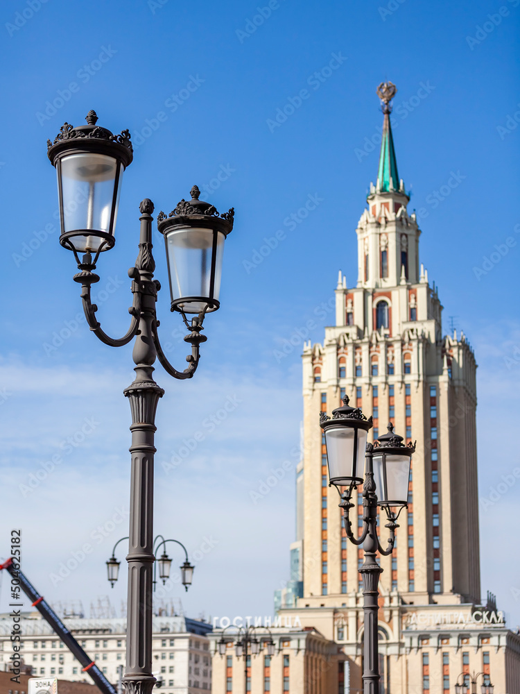 Moscow, Russia, April 6 2022.  Beautiful street lamp post