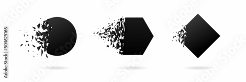 Black hexahedron, rhombus, circle with explosion effect on white background with debris.