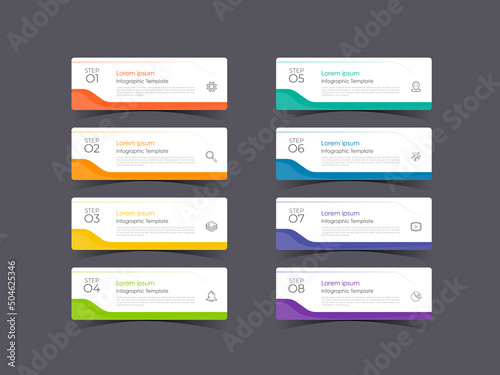 Modern infographics business design with 8 option concepts, parts, steps, arrows or processes can be used for workflow layout, diagram, number options, web design, element and banner.