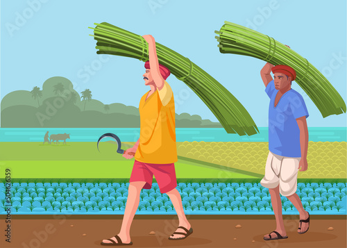 A farmer carrying crop on head landscape