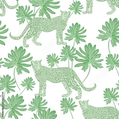 Safari background. Jungle wild seamless pattern with leopard, palm leaves. Isolated elements. Summer print. Exotic wallpaper.