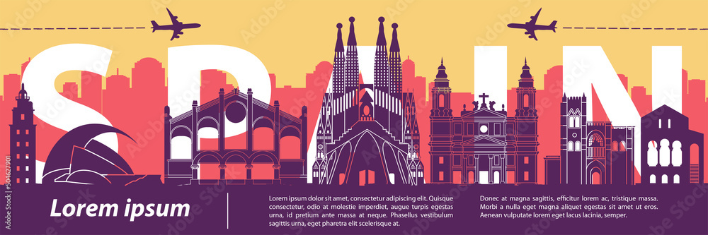 spain famous landmarks by silhouette style,vector illustration - obrazy, fototapety, plakaty 