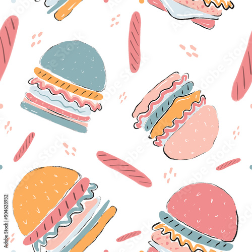 seamless colorful pattern burger with hamburger, cheese, tomato sauce, vegetables and bun on white background