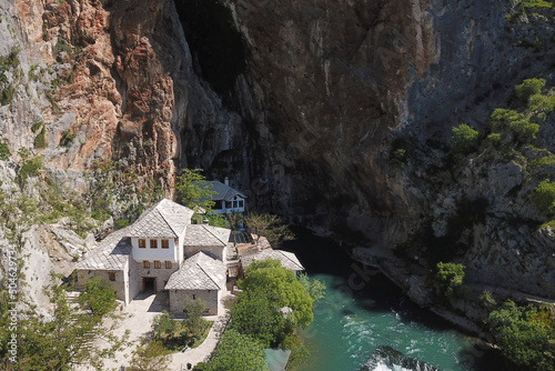 Aerial drone view of Blagaj and Tekija historical dervish house . Source of Buna river. Bosnia and Herzegovina. photo