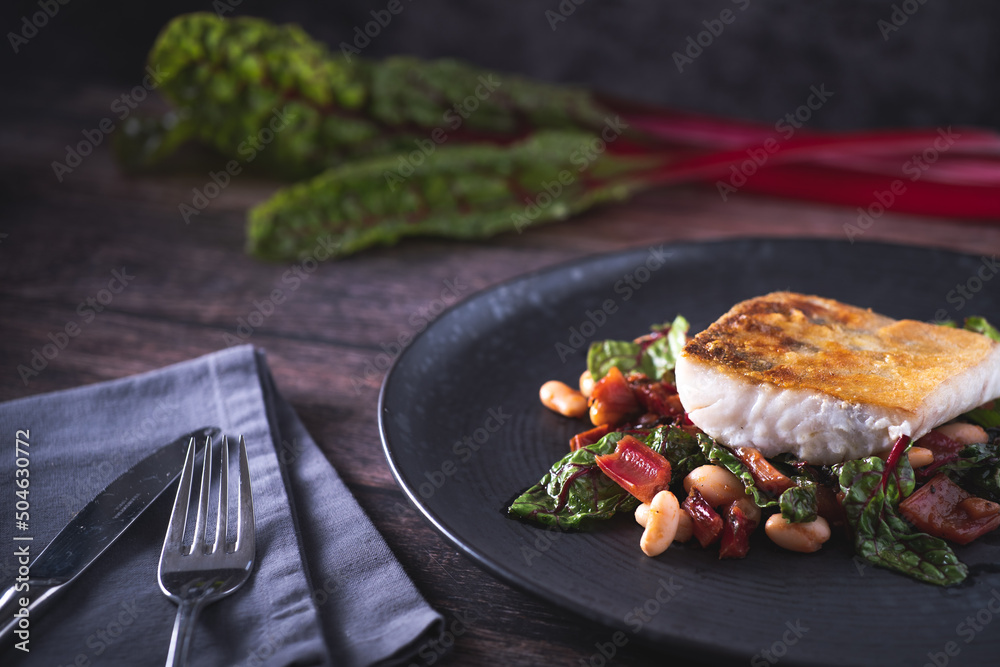 Zander mit Rotem Mangold und Weißen Bohen Stock Photo | Adobe Stock