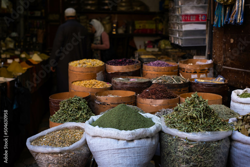 Herbals  and spices at food market stall (Suq Al Hamidiyah) in Damascus photo