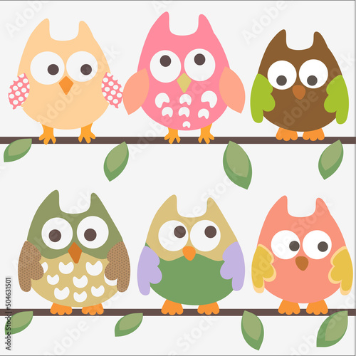 owls on branches. 6 owls vector illustration.