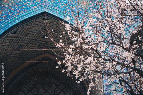 Islamic blue mosque pattern of Persian empire in spring bloom