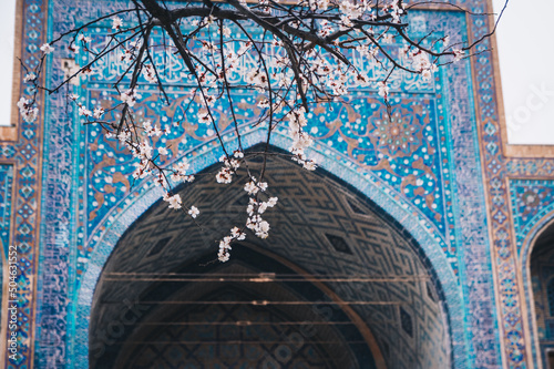 Islamic blue mosque pattern of Persian empire in spring bloom