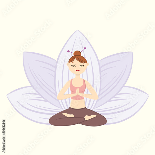 Woman meditating. Concept illustration for yoga, meditating, relax. Flat cartoon style