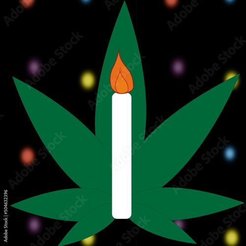cannabis leaves with a white candle and neon style colored dots in the background