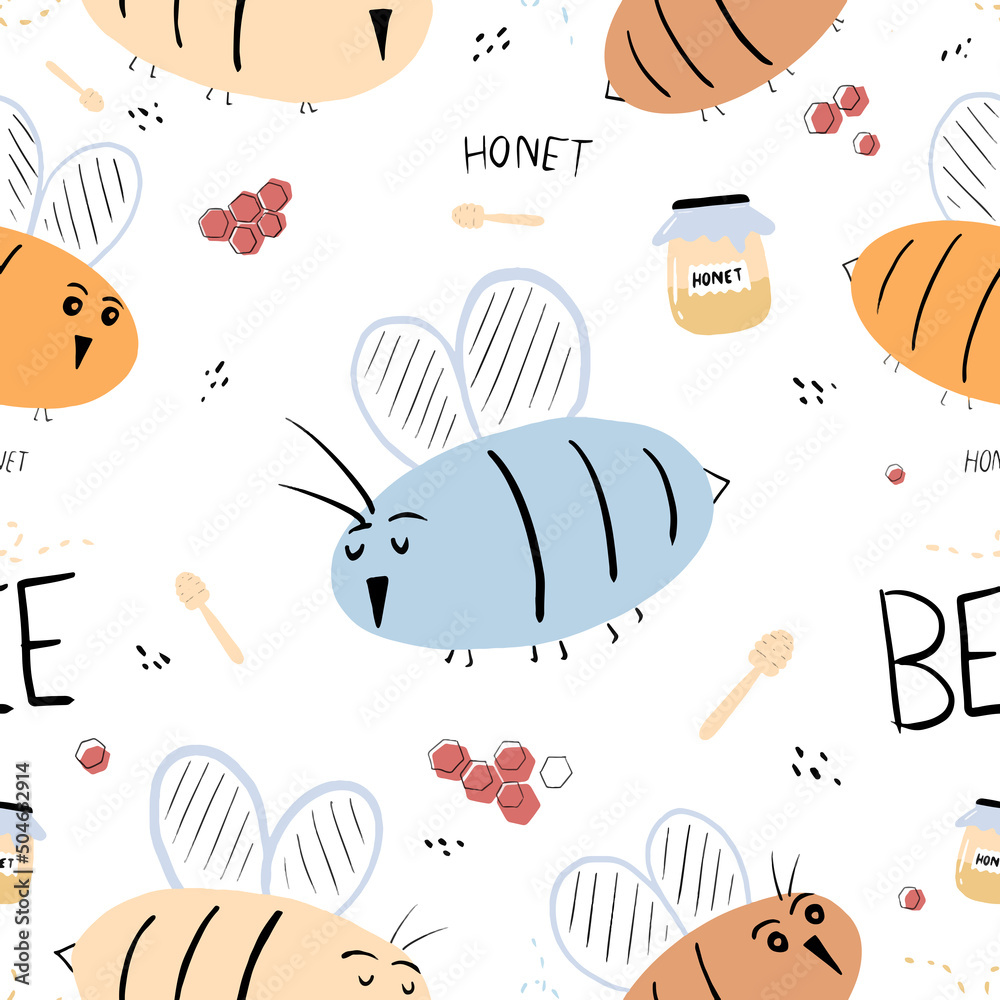 Seamless bee pattern with hand drawn bee flying, honeycombs, honey dipper, storage jar and honey jar on white background Seamless bee pattern with hand drawn bee flying, honeycombs, honey dipper, storage jar and honey jar on white background