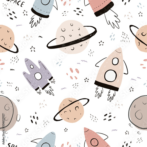 Foto cute seamless hand drawn space pattern with rocket, star, comet, spacecraft, pla