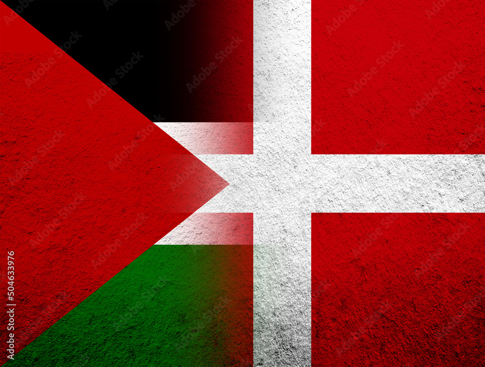 the Kingdom of Denmark National flag with Flag of Palestine. Grunge Background the Kingdom of Denmark National flag with Flag of Palestine. Grunge Background