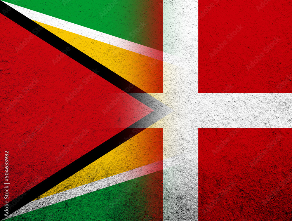 the Kingdom of Denmark National flag with Guyana National flag. Grunge Background