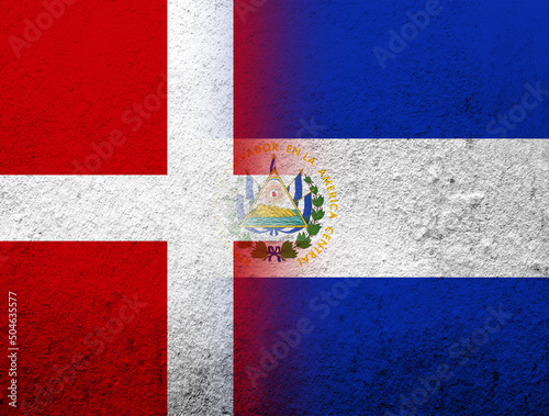 the Kingdom of Denmark National flag with The Republic of El Salvador National flag. Grunge Background